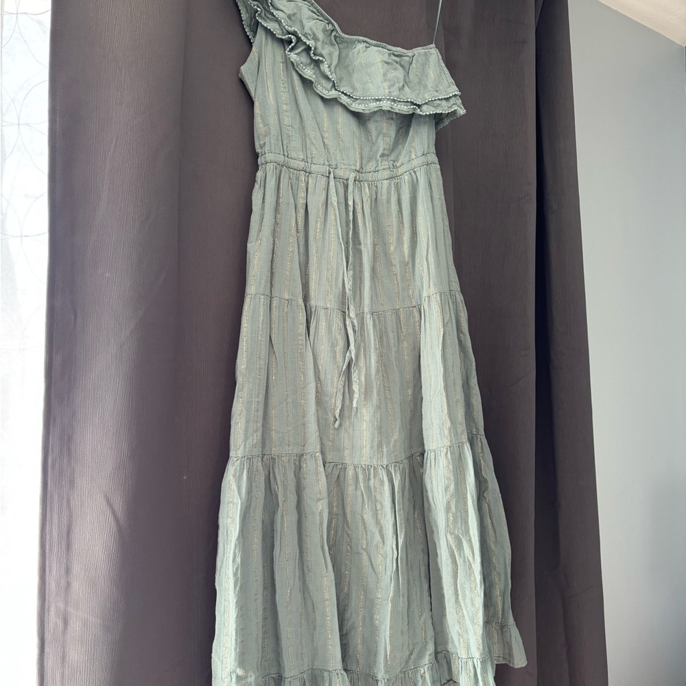 Heartloom One-Shoulder Ruffle Tiered Dress in Sage Green